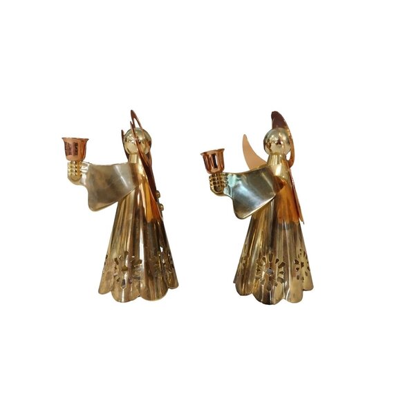 Vintage Christmas Set of 2 Brass And Copper Angel Candle Holders - Picture 5 of 6